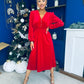 Doireann Pearl Button Velvet Midi Dress Red Pre Order Arriving 28 Nov