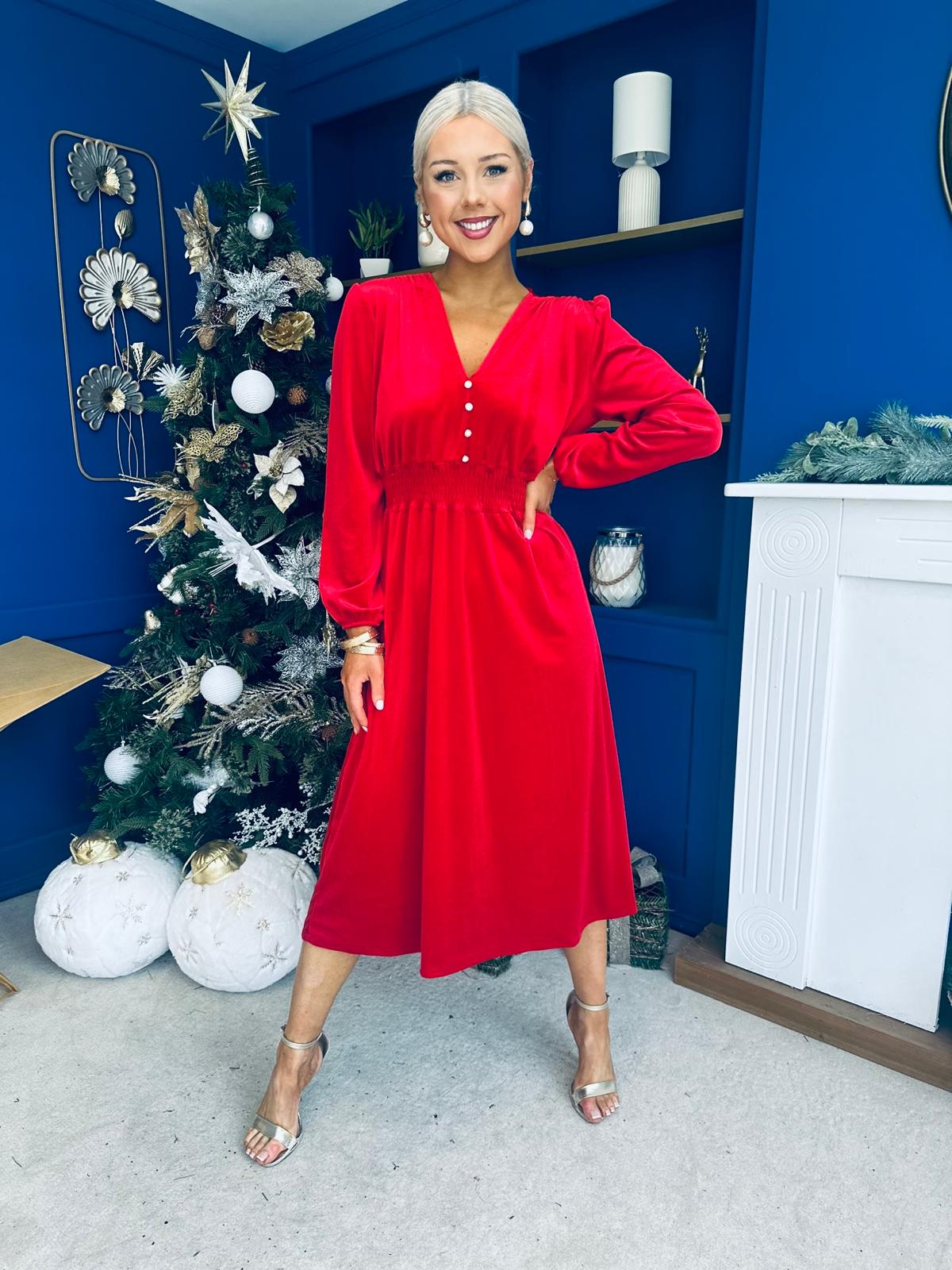 Doireann Pearl Button Velvet Midi Dress Red Pre Order Arriving 28 Nov