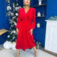 Doireann Pearl Button Velvet Midi Dress Red Pre Order Arriving 28 Nov