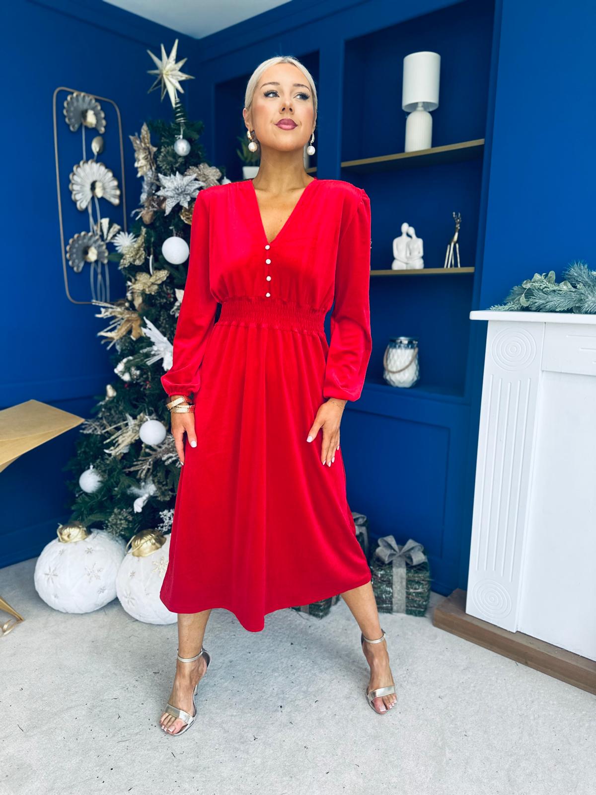 Doireann Pearl Button Velvet Midi Dress Red Pre Order Arriving 28 Nov