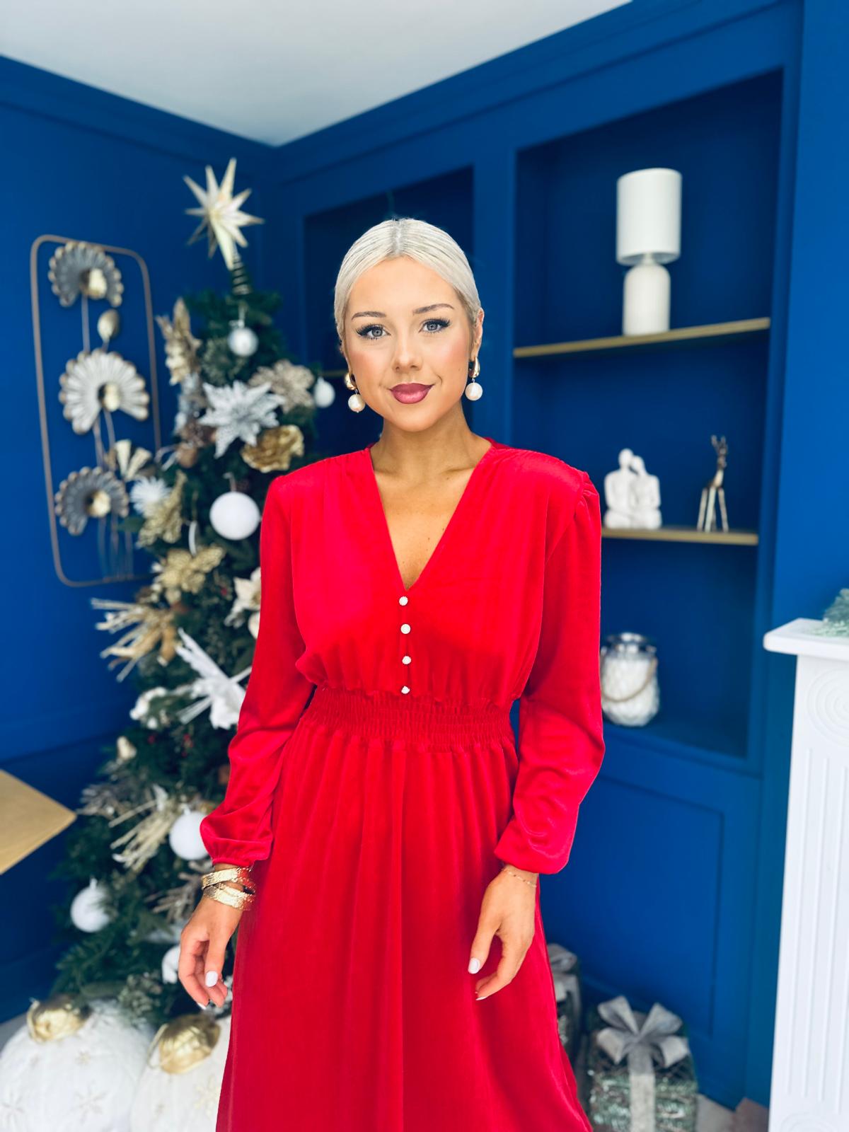 Doireann Pearl Button Velvet Midi Dress Red Pre Order Arriving 28 Nov