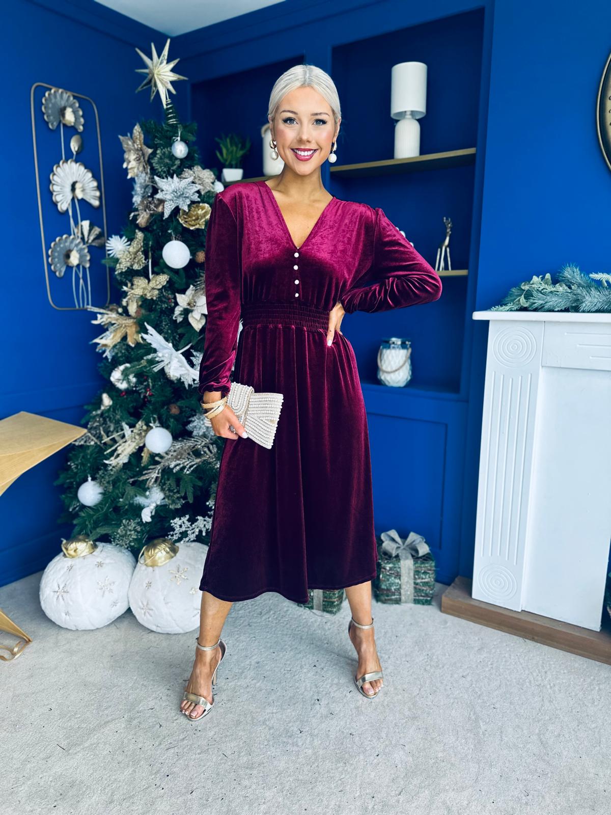 Doireann Pearl Button Velvet Midi Dress Wine Pre Order Arriving 28 Nov