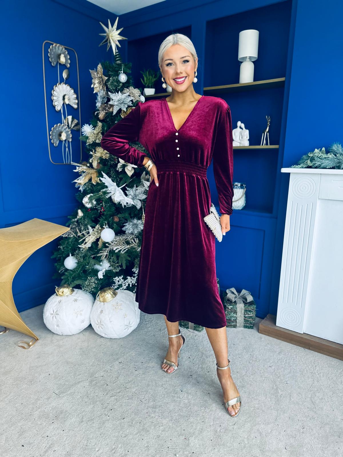 Doireann Pearl Button Velvet Midi Dress Wine Pre Order Arriving 28 Nov