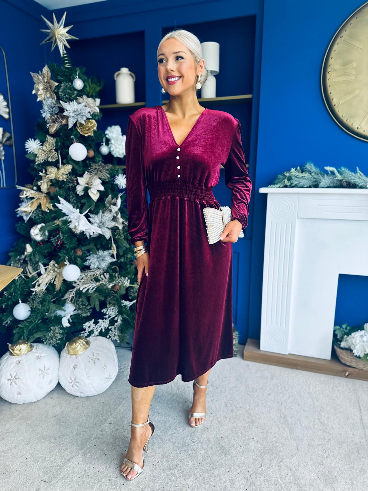 Doireann Pearl Button Velvet Midi Dress Wine Pre Order Arriving 28 Nov