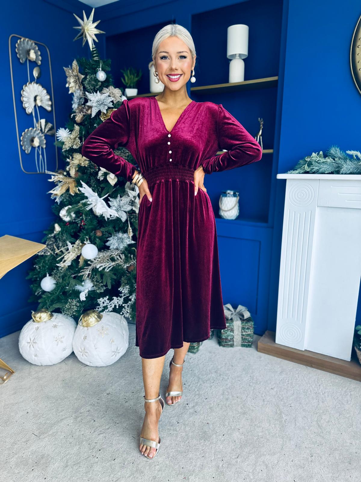 Doireann Pearl Button Velvet Midi Dress Wine Pre Order Arriving 28 Nov