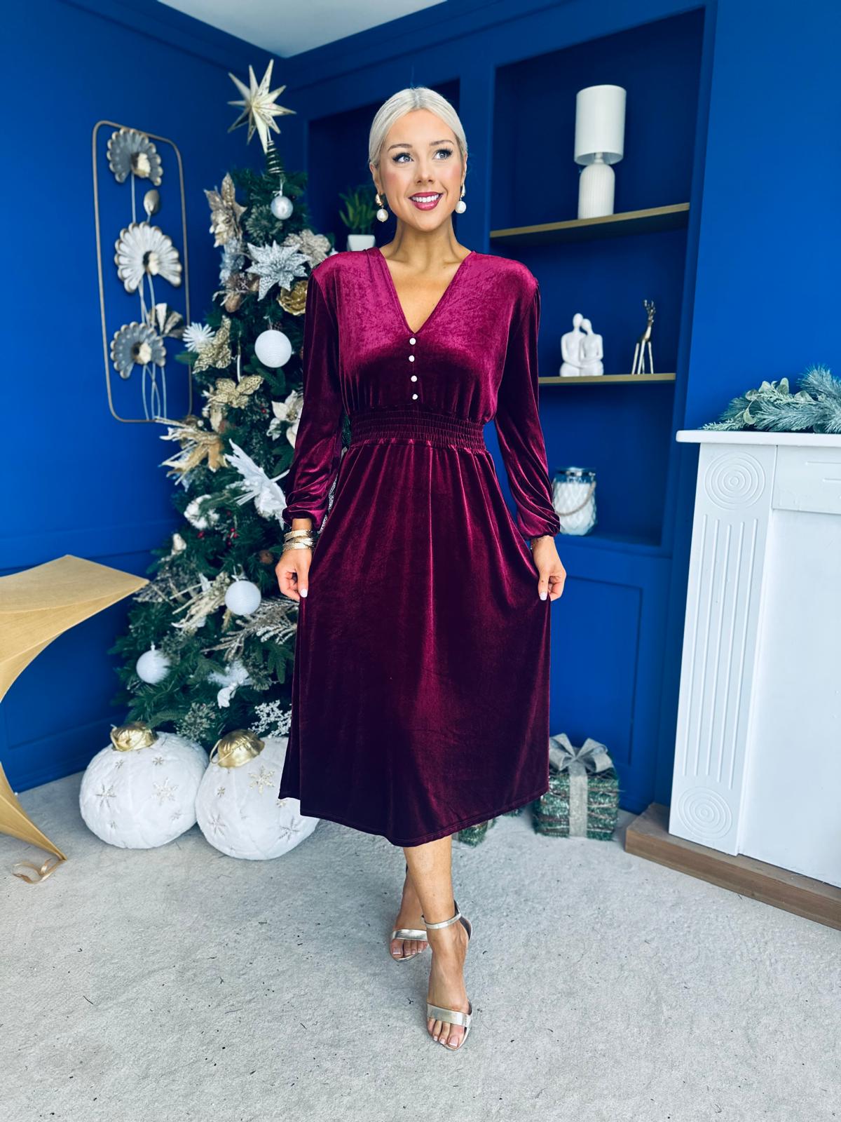 Doireann Pearl Button Velvet Midi Dress Wine Pre Order Arriving 28 Nov