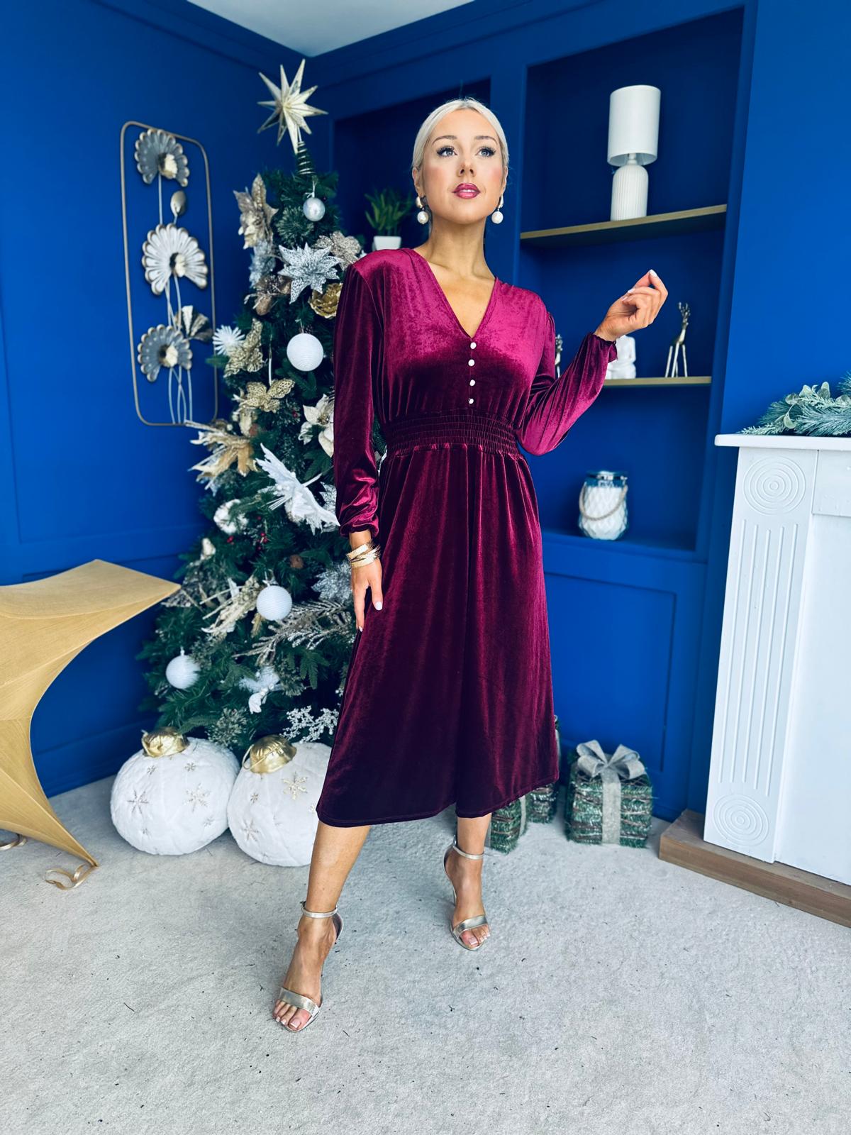Doireann Pearl Button Velvet Midi Dress Wine Pre Order Arriving 28 Nov