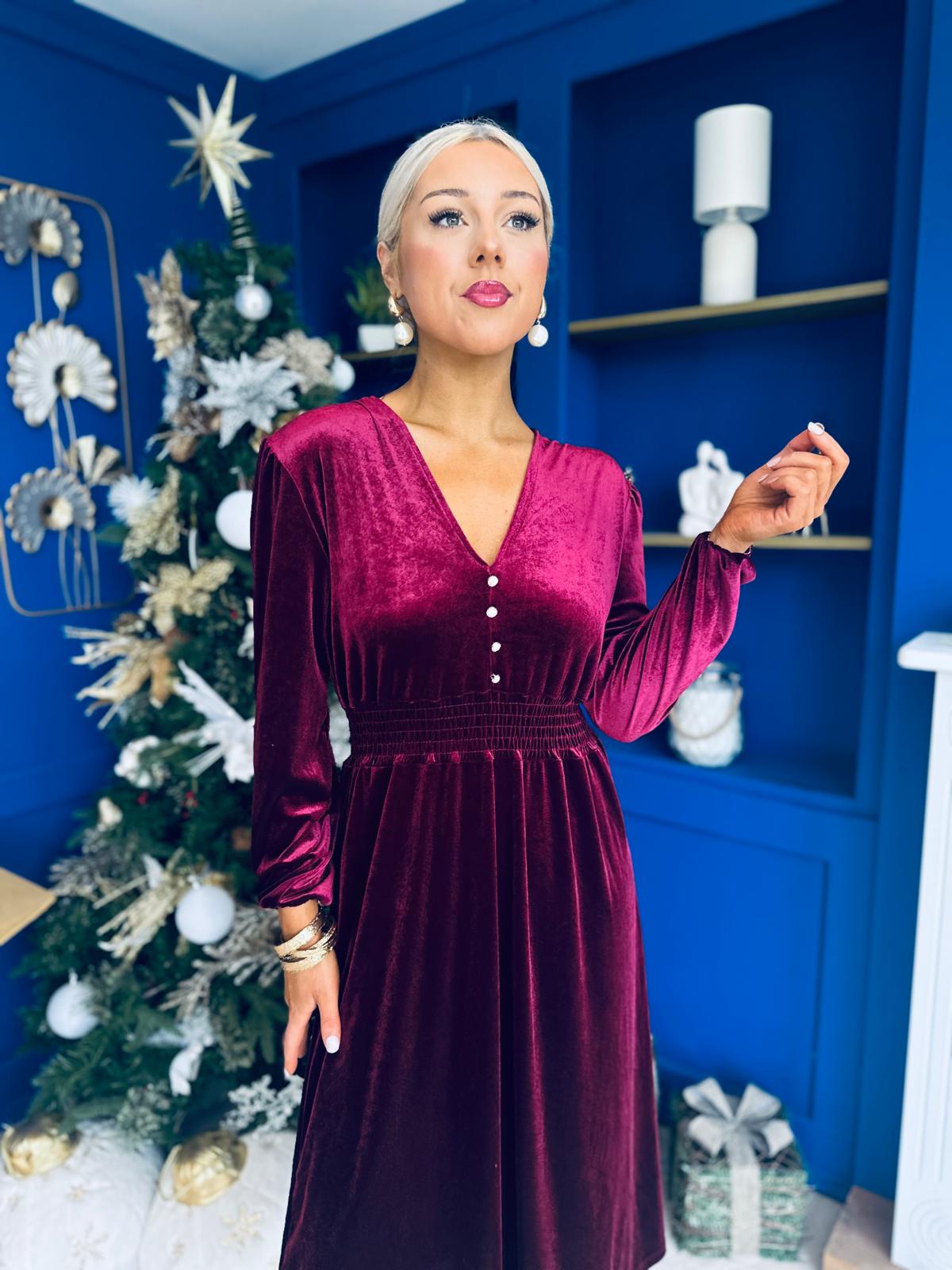 Doireann Pearl Button Velvet Midi Dress Wine Pre Order Arriving 28 Nov