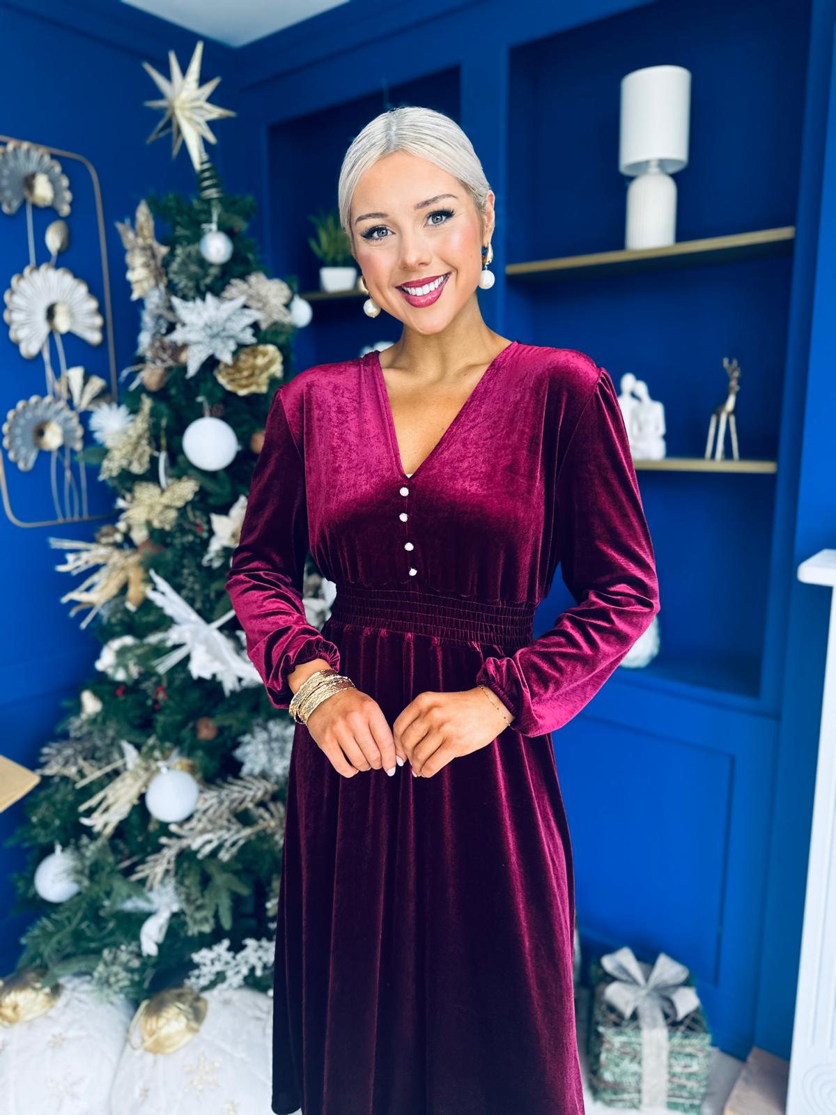 Doireann Pearl Button Velvet Midi Dress Wine Pre Order Arriving 28 Nov