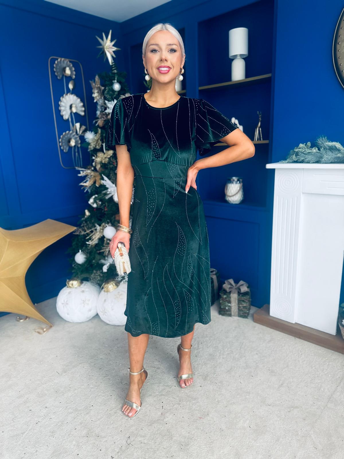 Marissa Studded Leaf Detail Velvet Dress Forest