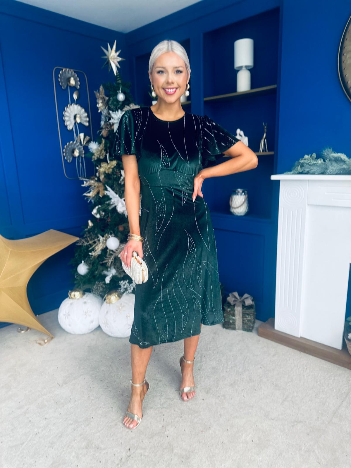 Marissa Studded Leaf Detail Velvet Dress Forest