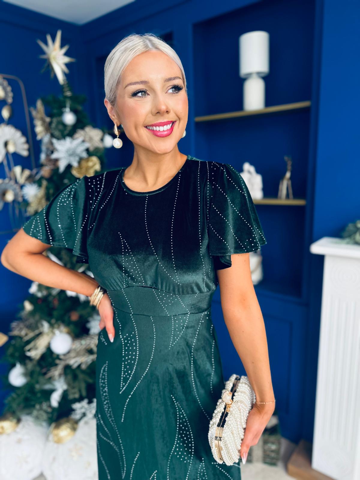 Marissa Studded Leaf Detail Velvet Dress Forest