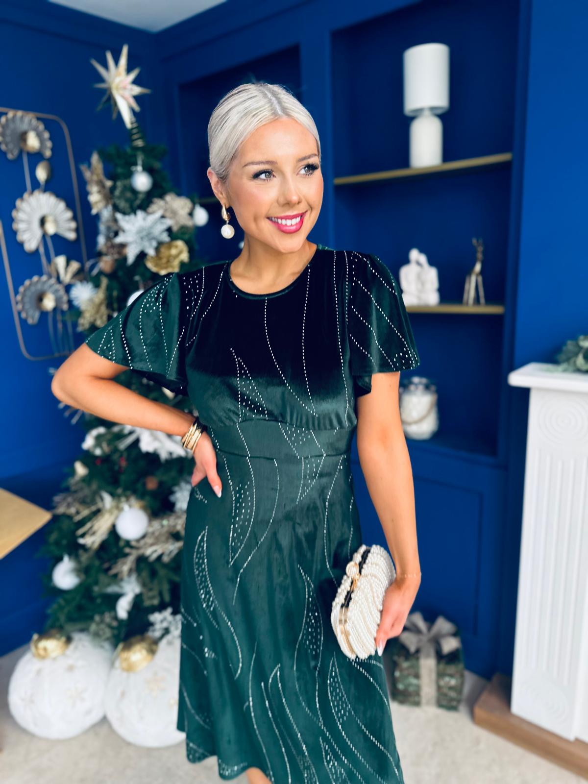 Marissa Studded Leaf Detail Velvet Dress Forest