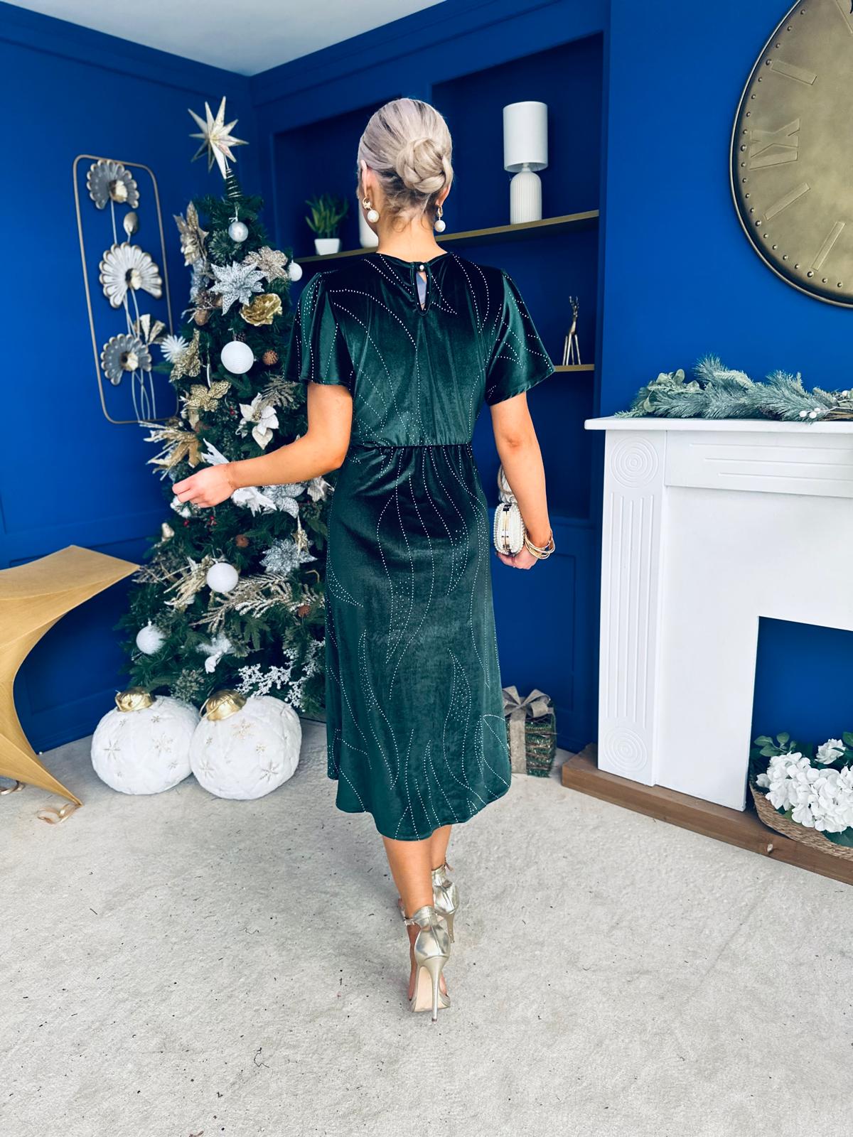 Marissa Studded Leaf Detail Velvet Dress Forest