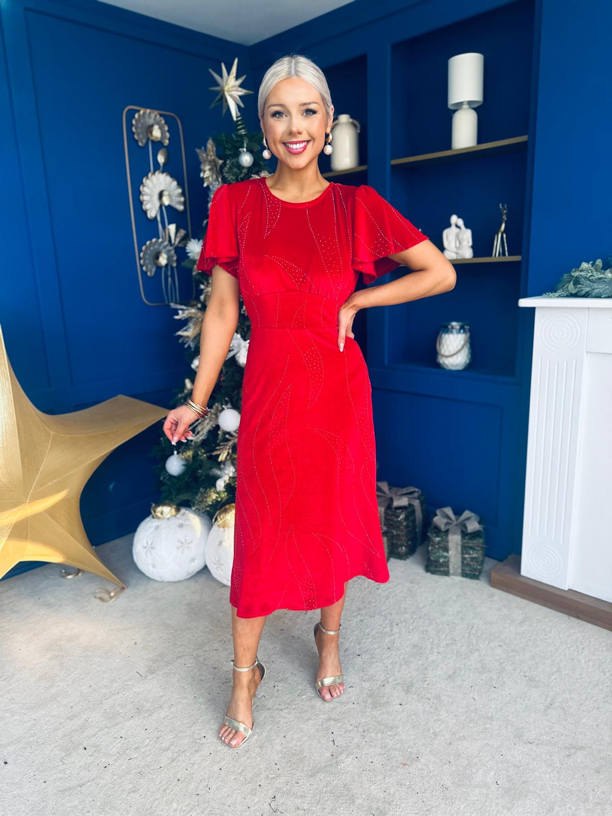 Marissa Studded Leaf Detail Velvet Dress Red