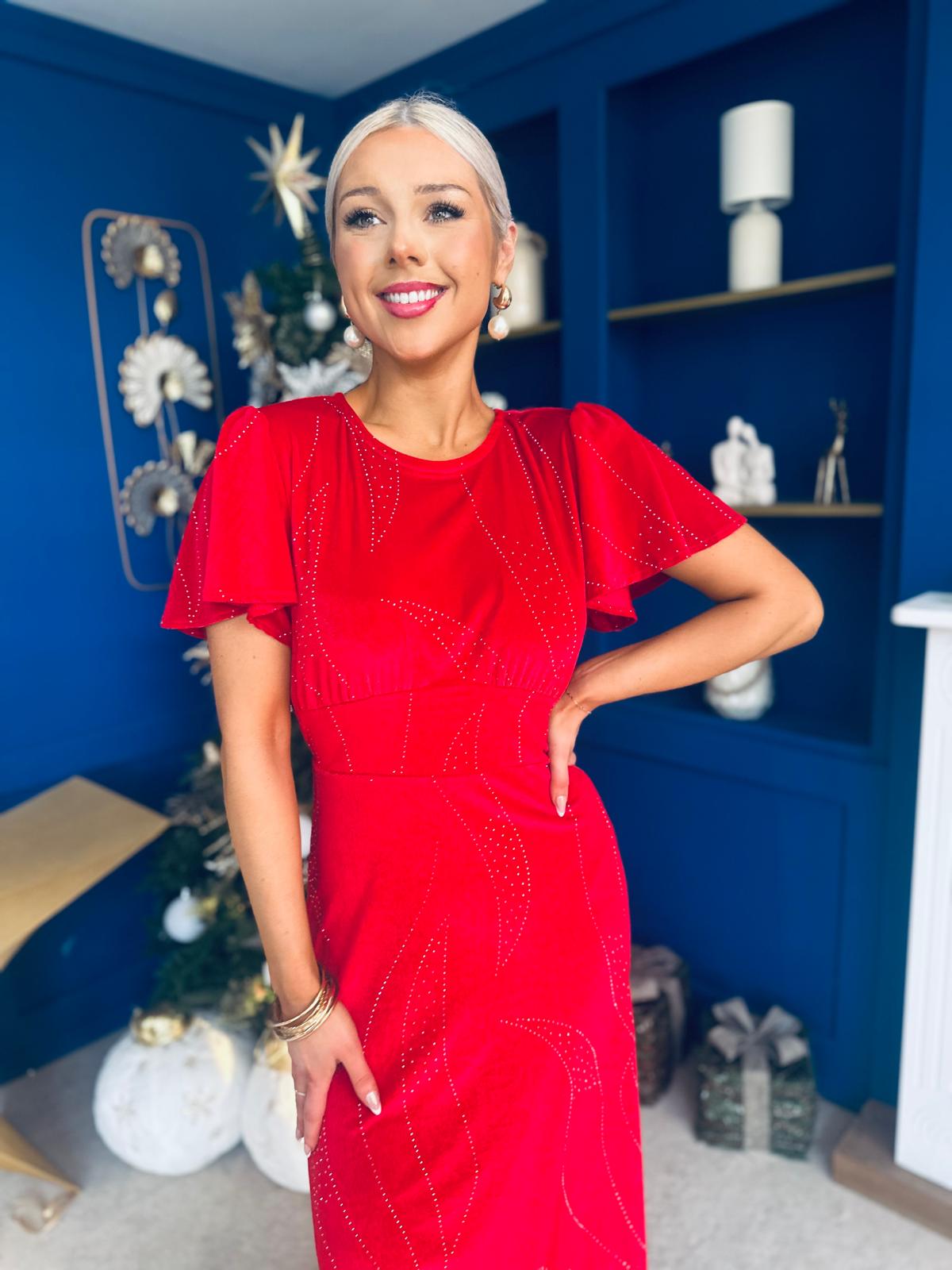 Marissa Studded Leaf Detail Velvet Dress Red