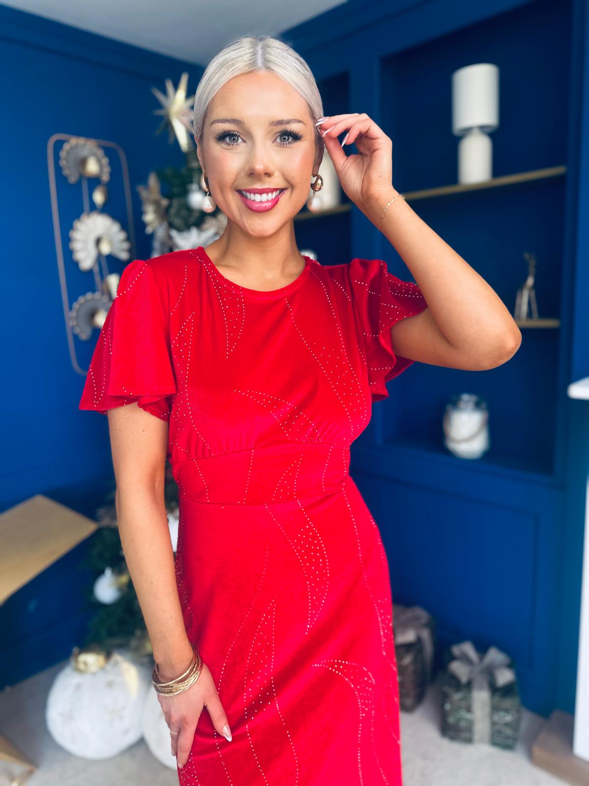 Marissa Studded Leaf Detail Velvet Dress Red