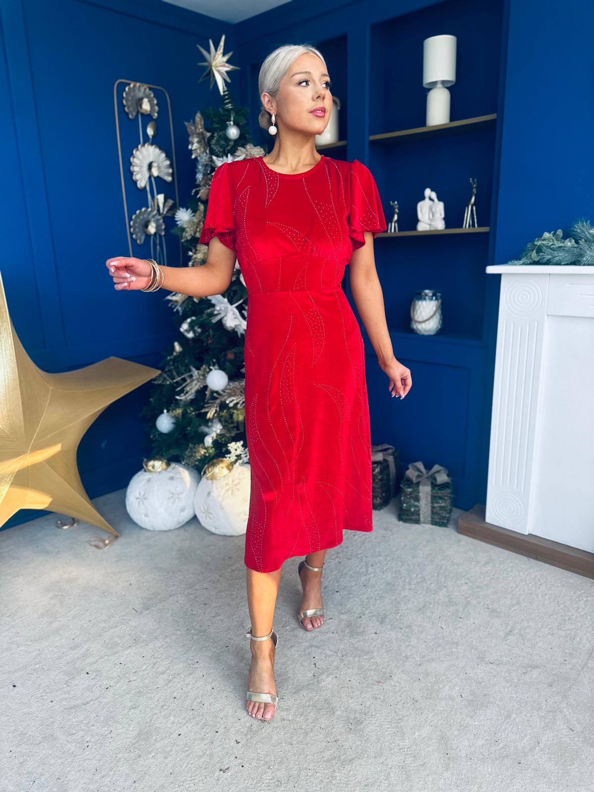 Marissa Studded Leaf Detail Velvet Dress Red