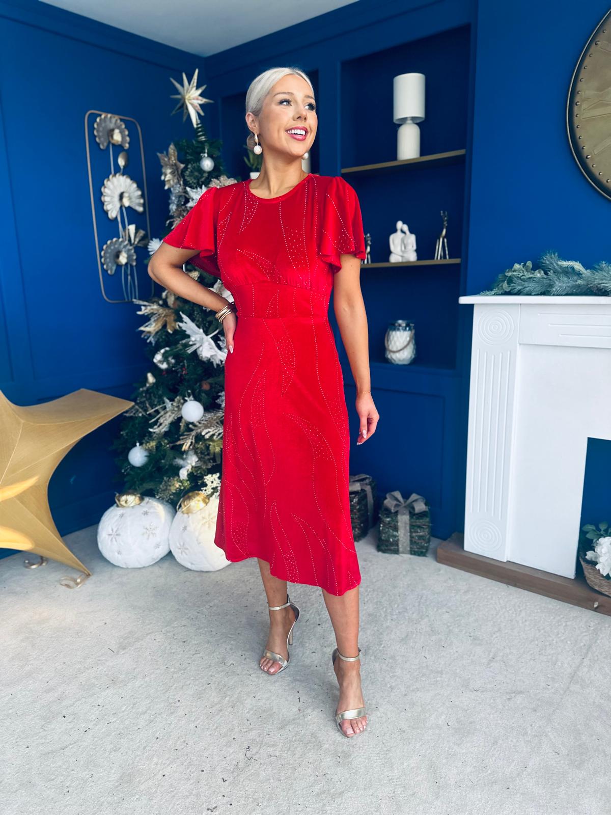 Marissa Studded Leaf Detail Velvet Dress Red