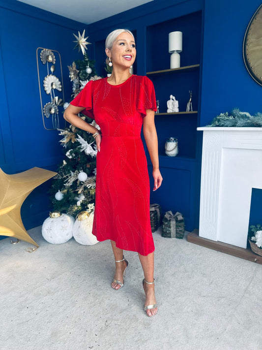 Marissa Studded Leaf Detail Velvet Dress Red