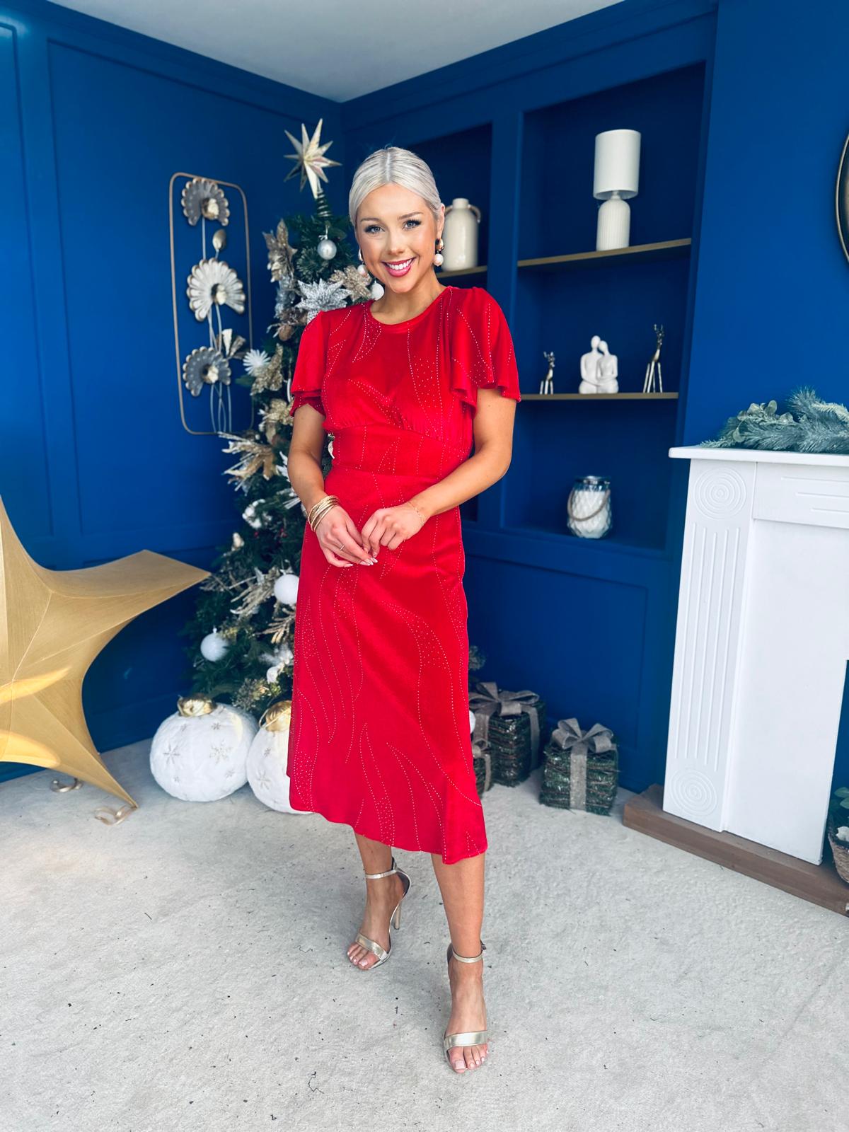 Marissa Studded Leaf Detail Velvet Dress Red