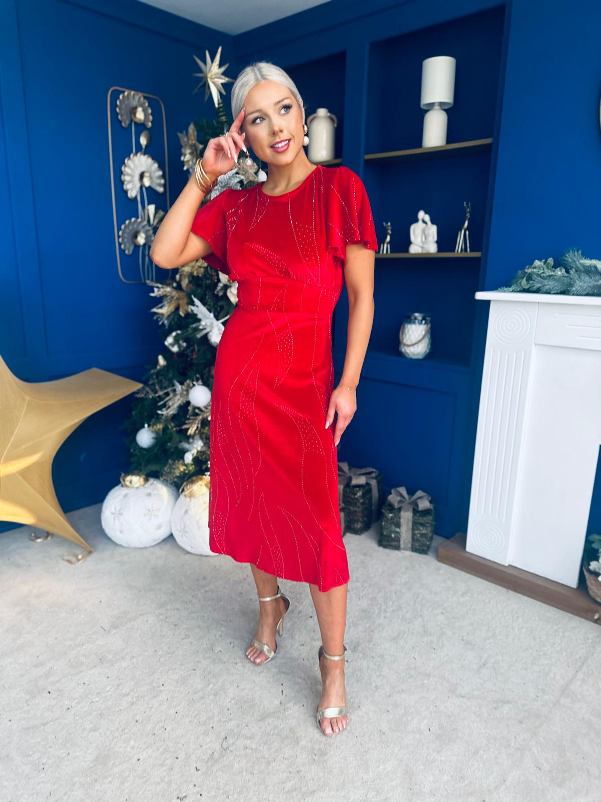 Marissa Studded Leaf Detail Velvet Dress Red