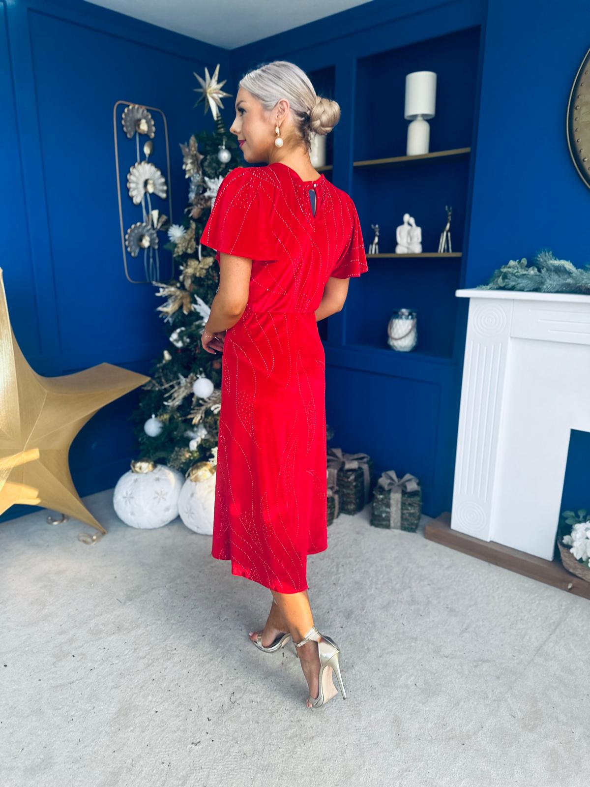 Marissa Studded Leaf Detail Velvet Dress Red