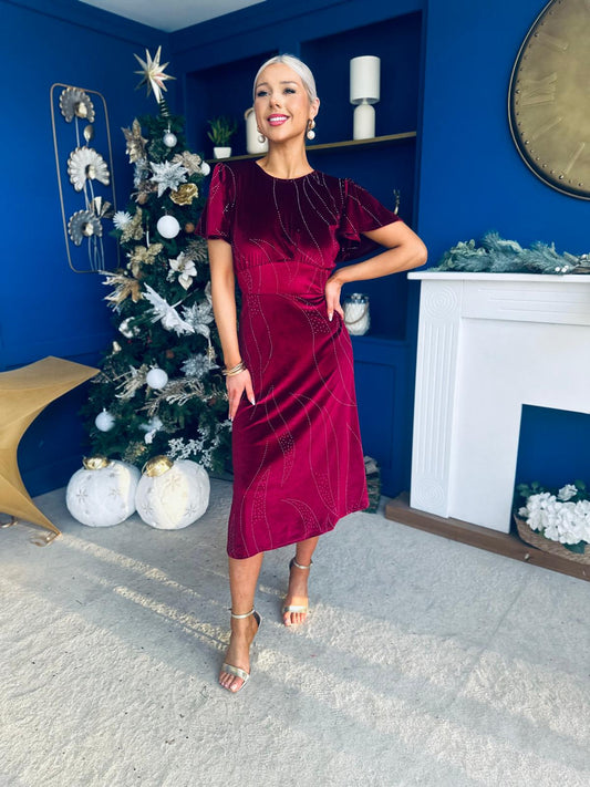Marissa Studded Leaf Detail Velvet Dress Wine