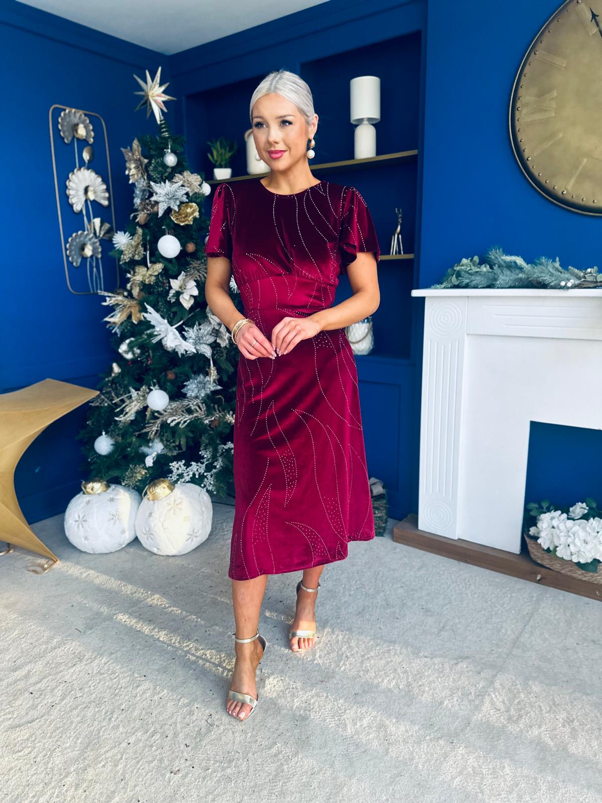 Marissa Studded Leaf Detail Velvet Dress Wine