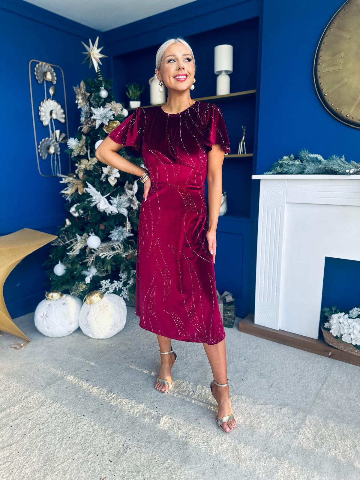 Marissa Studded Leaf Detail Velvet Dress Wine