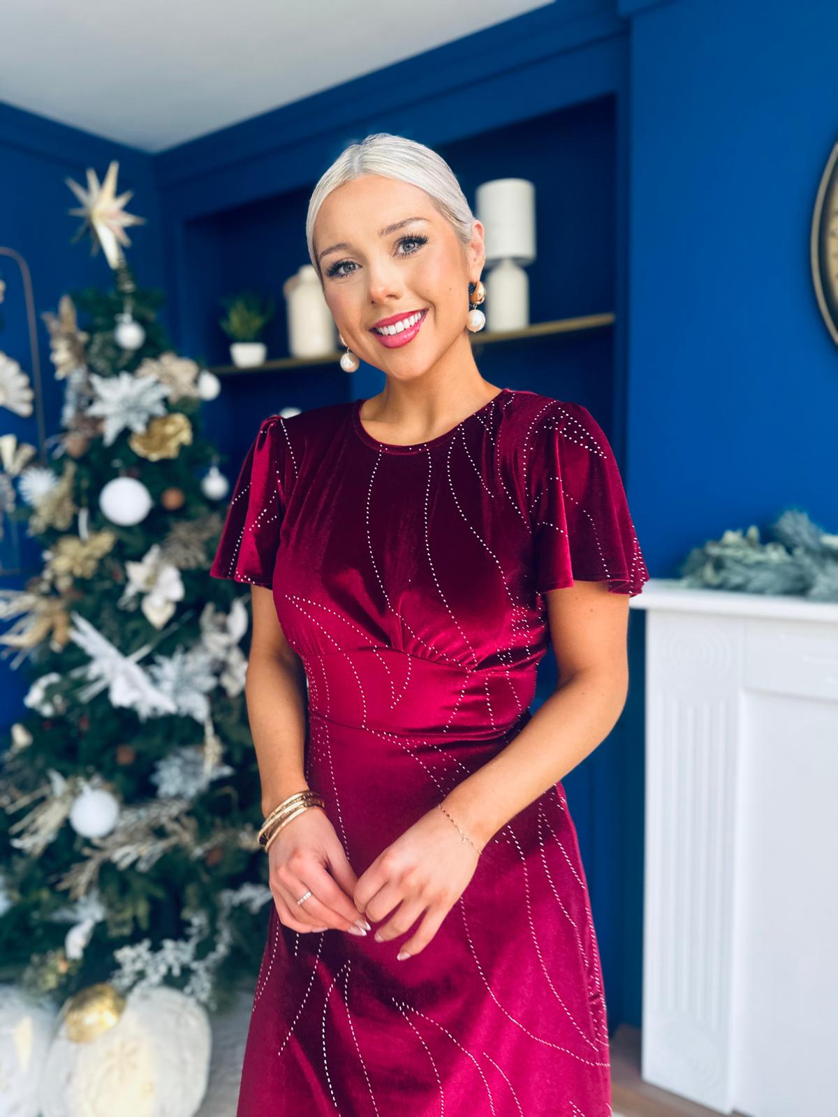 Marissa Studded Leaf Detail Velvet Dress Wine