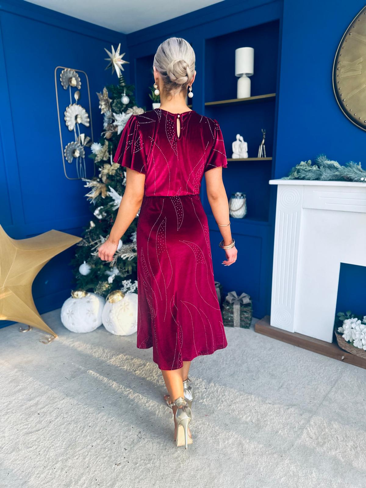 Marissa Studded Leaf Detail Velvet Dress Wine