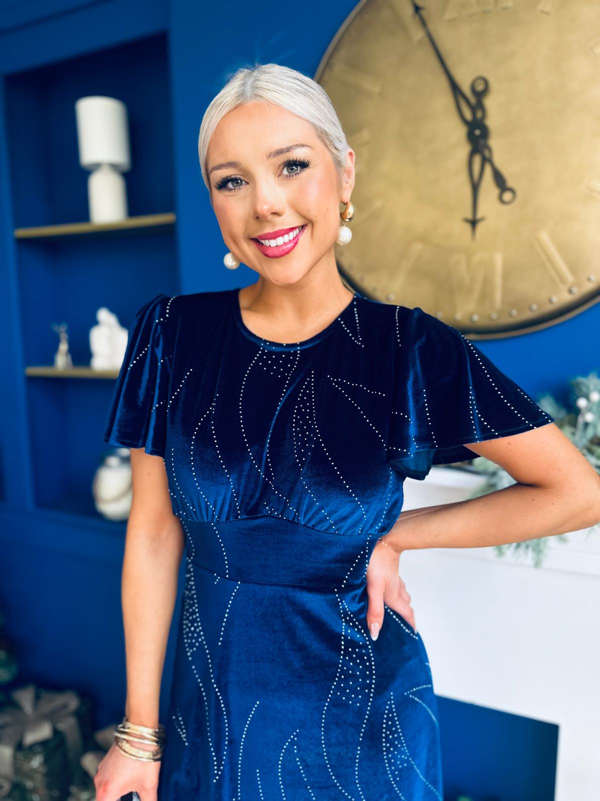 Marissa Studded Leaf Detail Velvet Dress Navy