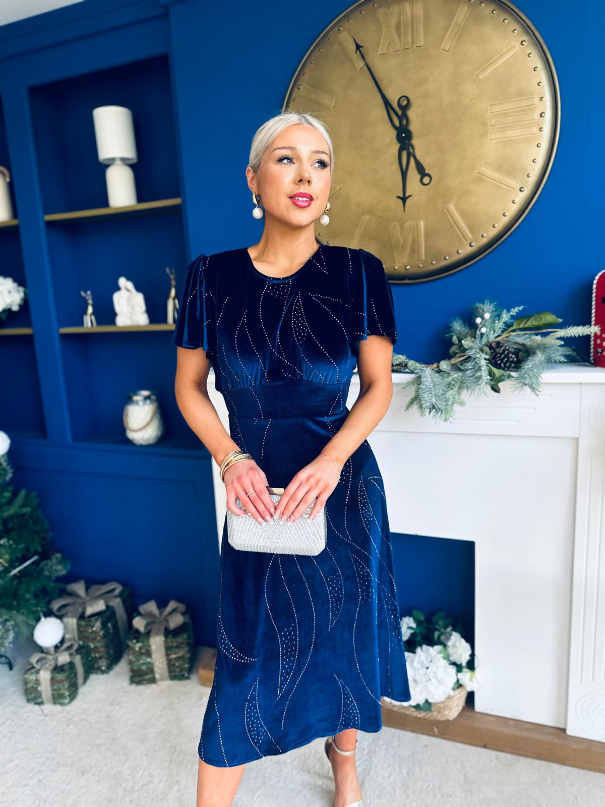 Marissa Studded Leaf Detail Velvet Dress Navy