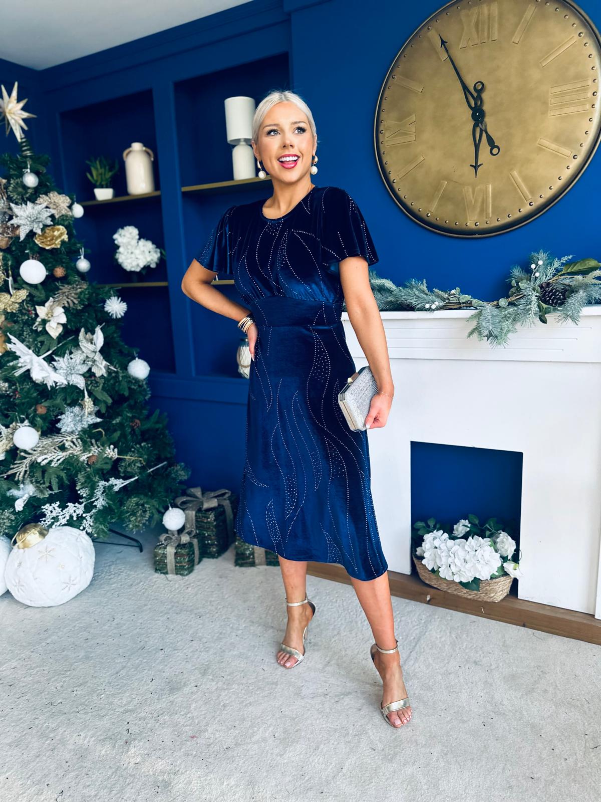 Marissa Studded Leaf Detail Velvet Dress Navy