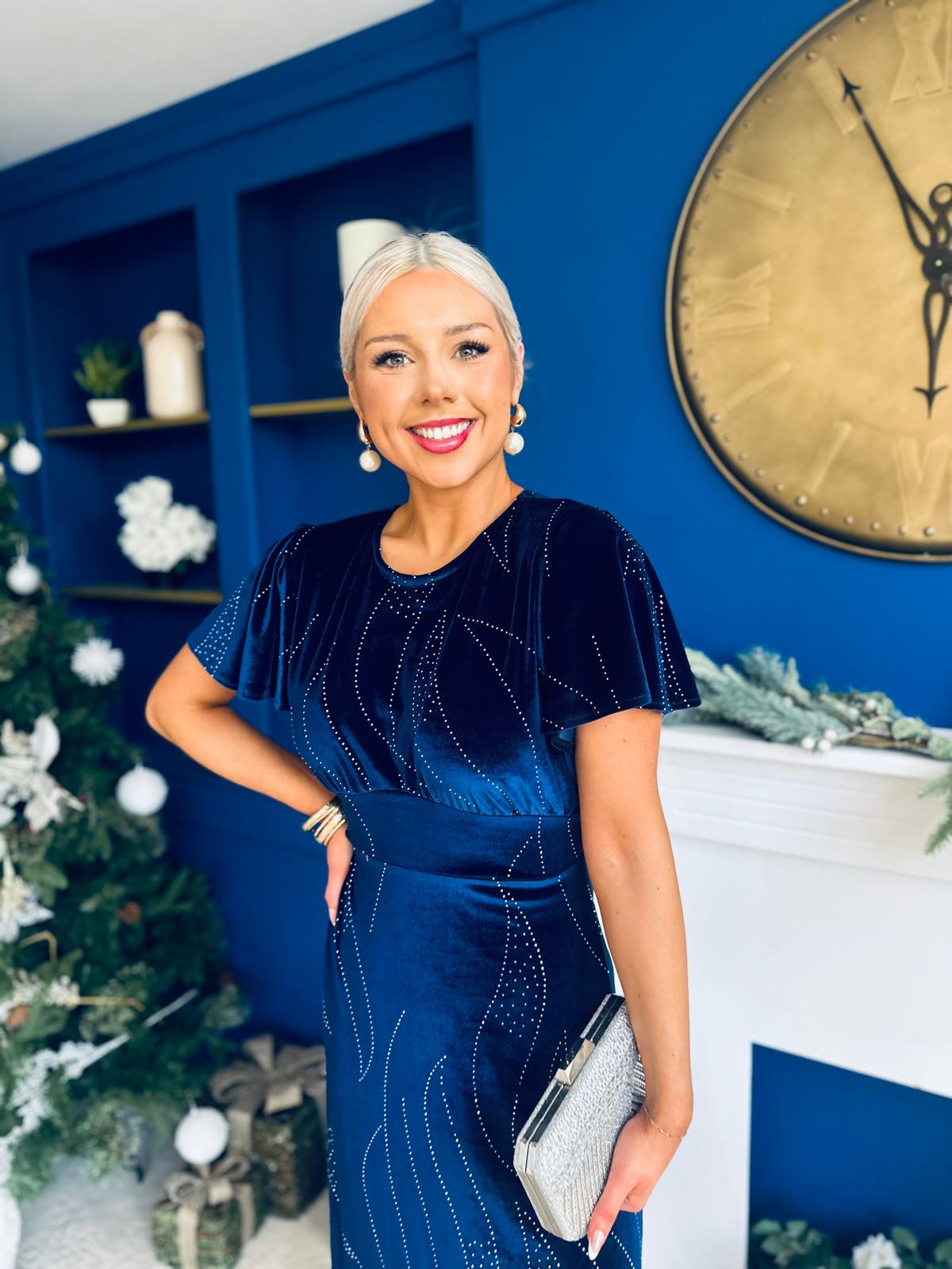 Marissa Studded Leaf Detail Velvet Dress Navy