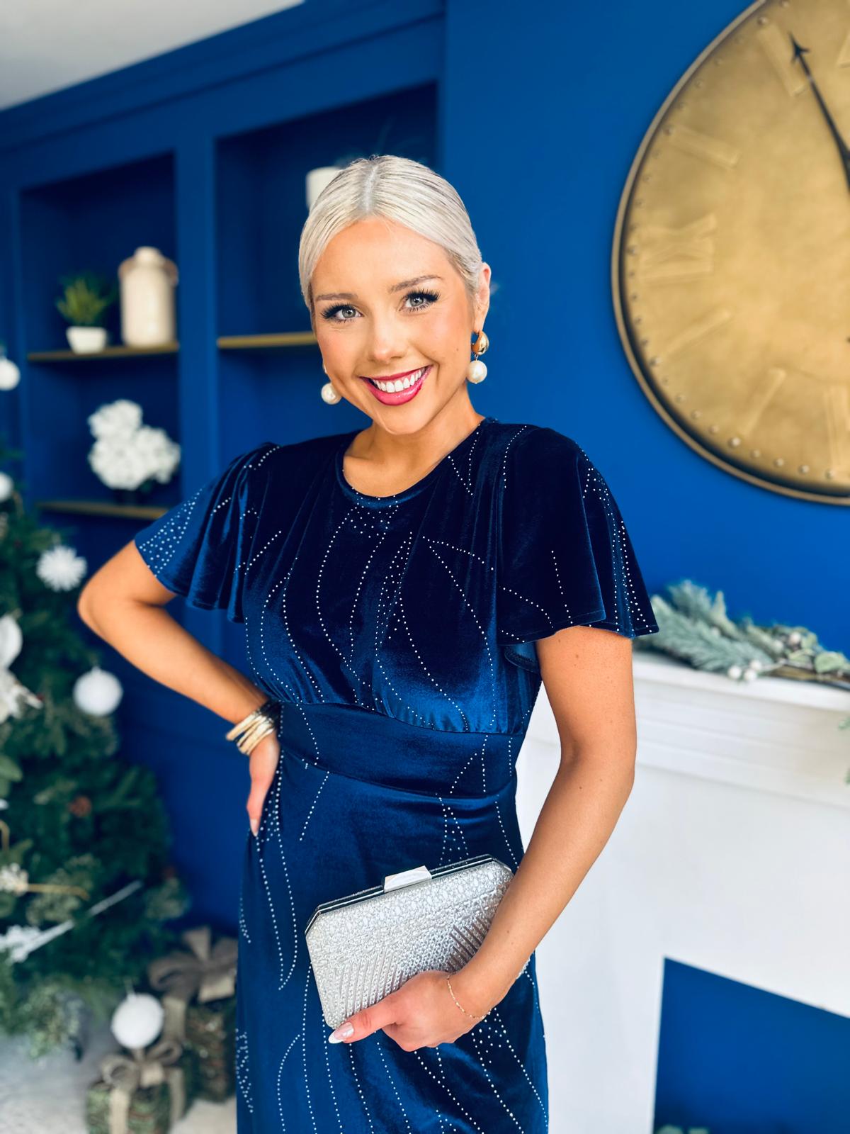 Marissa Studded Leaf Detail Velvet Dress Navy