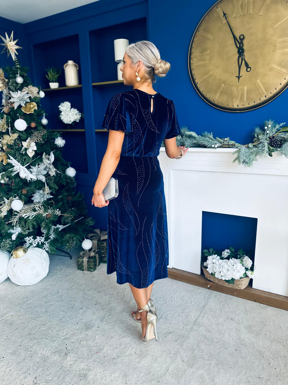 Marissa Studded Leaf Detail Velvet Dress Navy