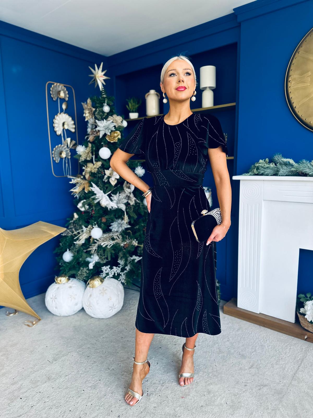 Marissa Studded Leaf Detail Velvet Dress Black