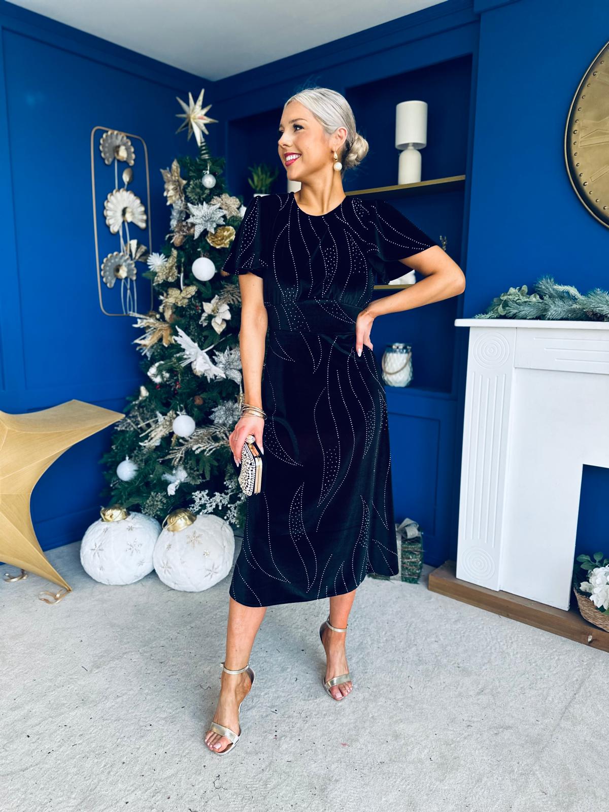 Marissa Studded Leaf Detail Velvet Dress Black