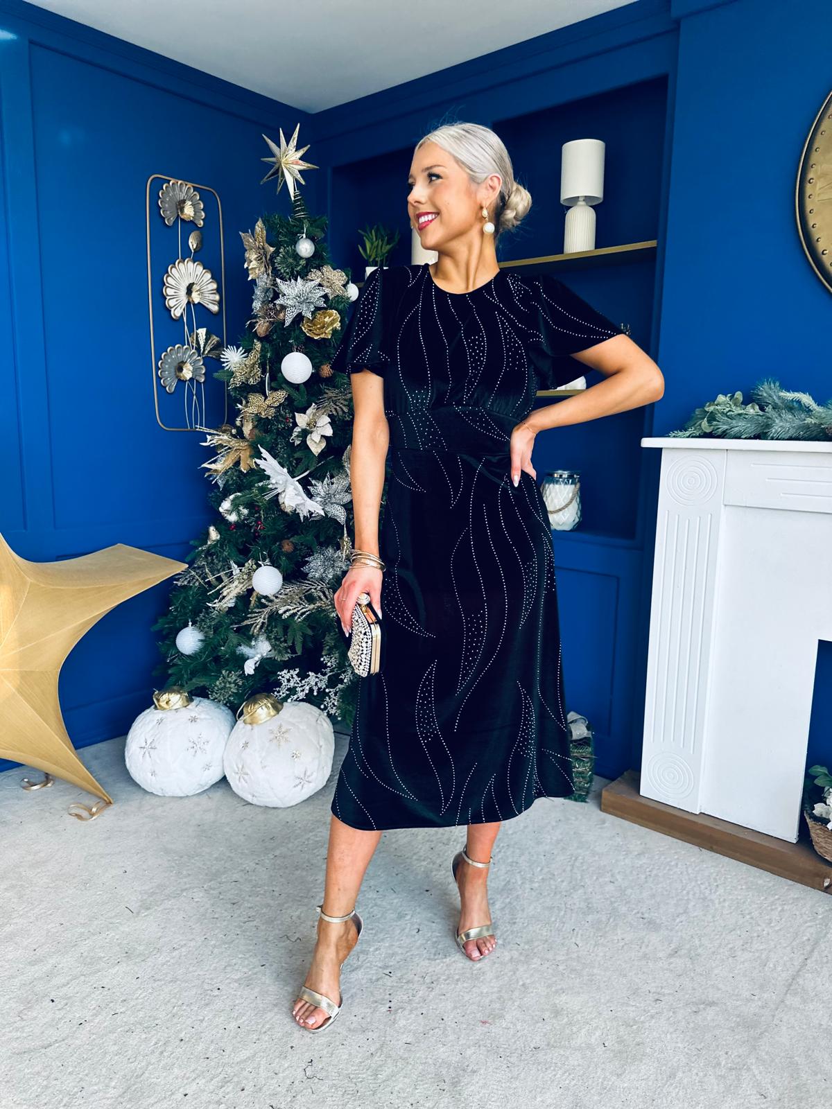 Marissa Studded Leaf Detail Velvet Dress Black