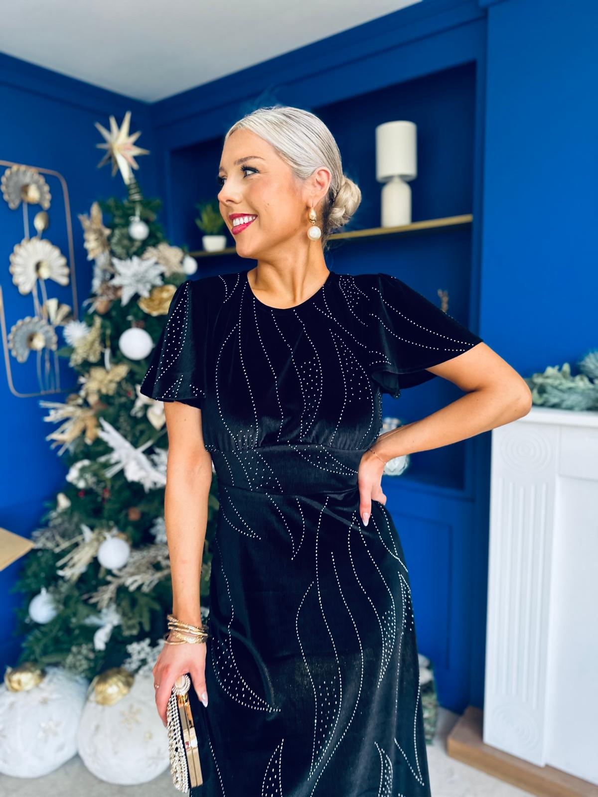 Marissa Studded Leaf Detail Velvet Dress Black