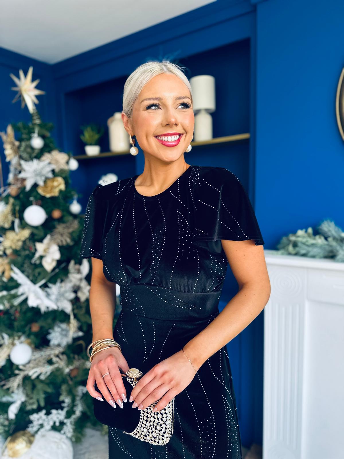 Marissa Studded Leaf Detail Velvet Dress Black