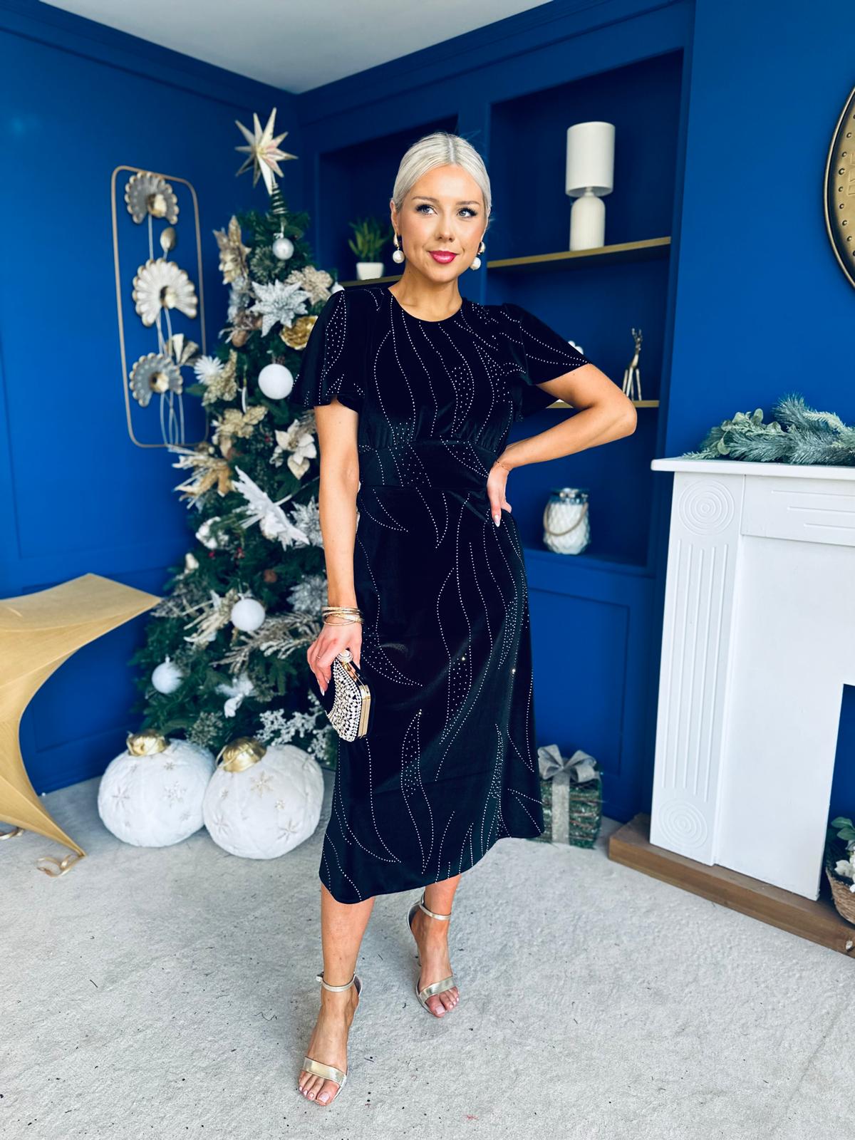 Marissa Studded Leaf Detail Velvet Dress Black