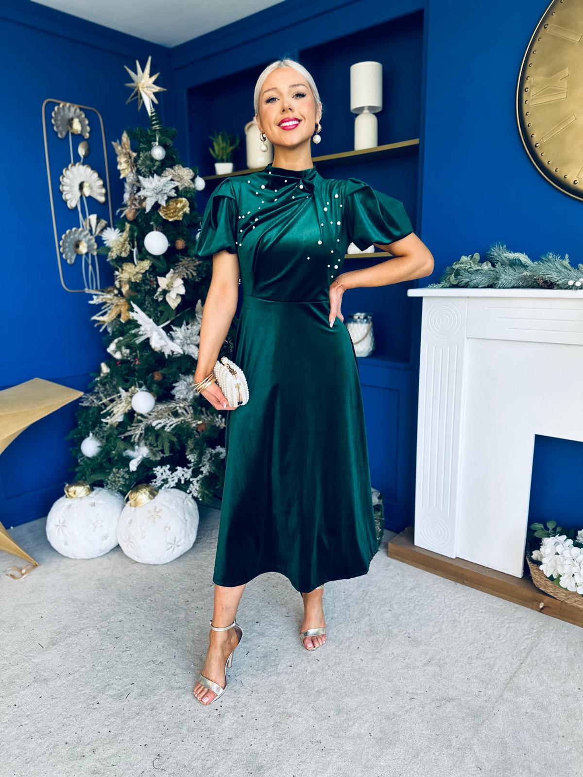 Robyn Pearl Detailed Velvet Midi Dress Forest