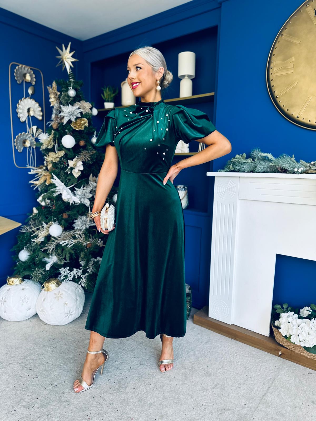 Robyn Pearl Detailed Velvet Midi Dress Forest