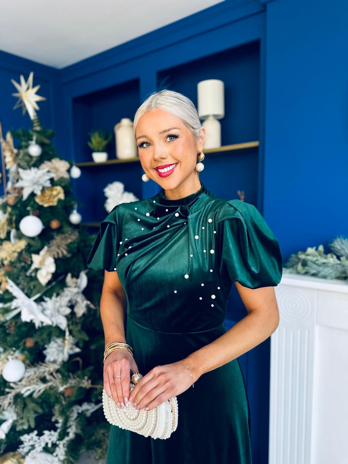 Robyn Pearl Detailed Velvet Midi Dress Forest