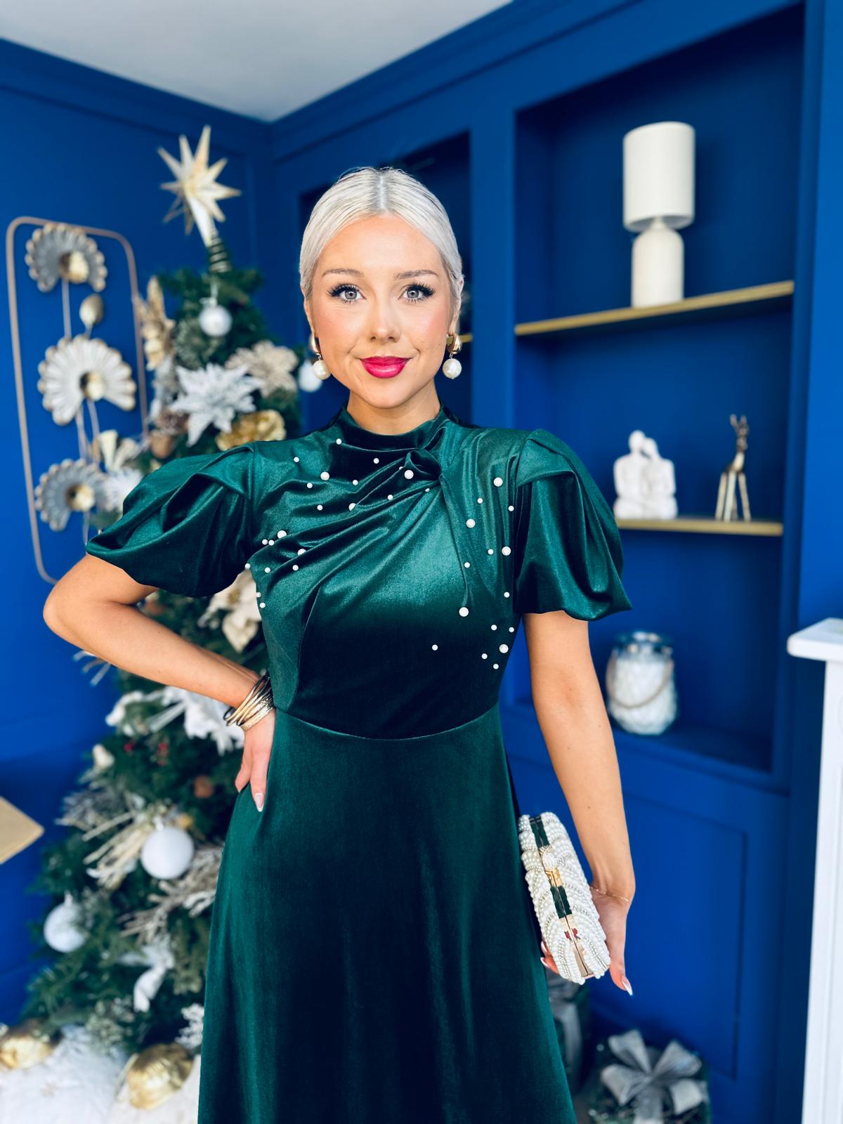 Robyn Pearl Detailed Velvet Midi Dress Forest