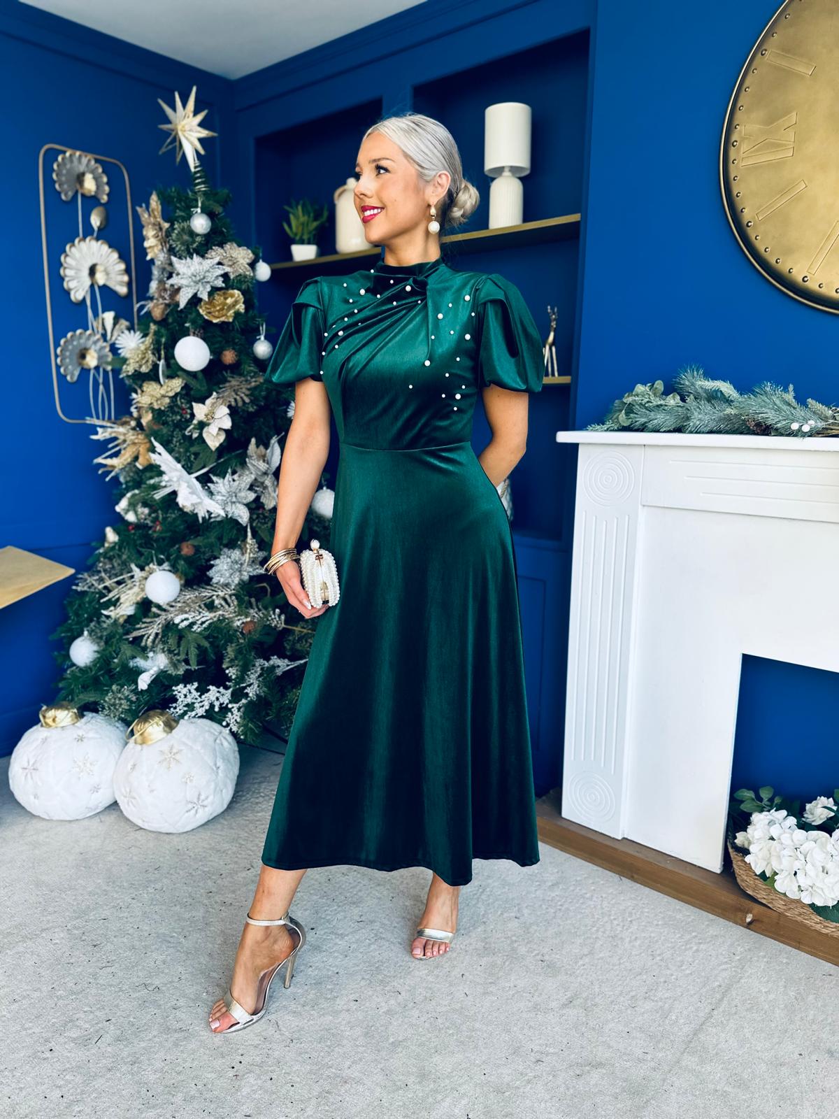 Robyn Pearl Detailed Velvet Midi Dress Forest