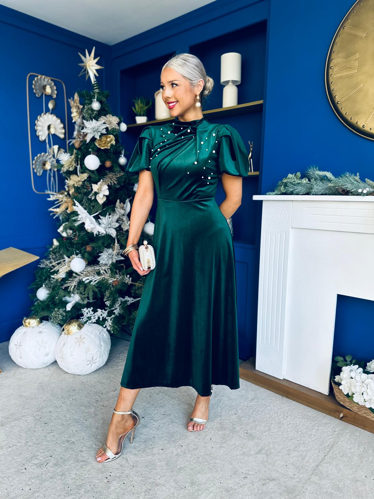 Robyn Pearl Detailed Velvet Midi Dress Forest